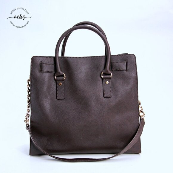 Michael Kors Hamilton Saffiano Chain Leather Brown Gold Shoulder Tote Bag Duster - Picture 5 of 16